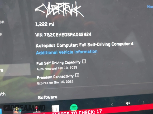 2024 Tesla Cybertruck z VIN 7G2CEHED5RA042424, wystawiony jako IAAI lot #41242343 z przebiegiem 1 222 mil mil oraz . Historia ofert i sprzedaży dostępna na DreamBid. Obrazek 7.
