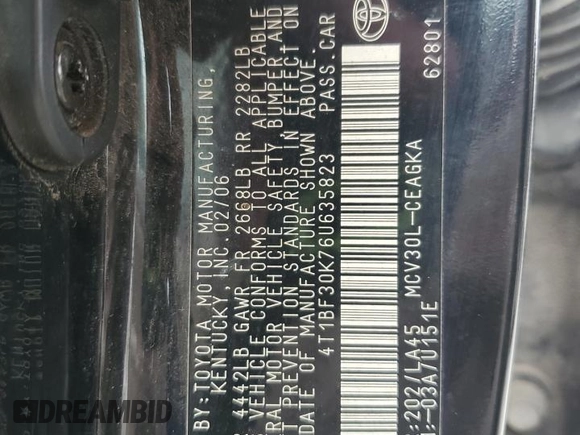 2006 Toyota Camry LE z VIN 4T1BF30K76U635823, wystawiony jako Copart lot #54246045 z przebiegiem 211 090 mil mil oraz Szkoda całkowita • Salvage title. Historia ofert i sprzedaży dostępna na DreamBid. Obrazek 12.