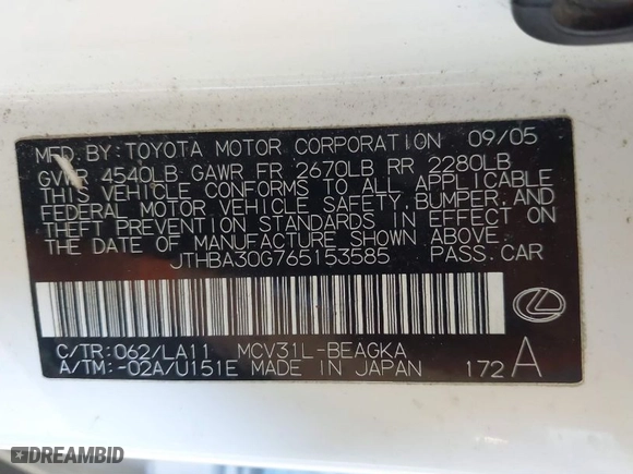 2006 Lexus ES 330 with VIN JTHBA30G765153585, listed as a IAAI auction lot 41670195 with 212,345 mi miles. Bid and sale history available at carsss.com. Image 9.