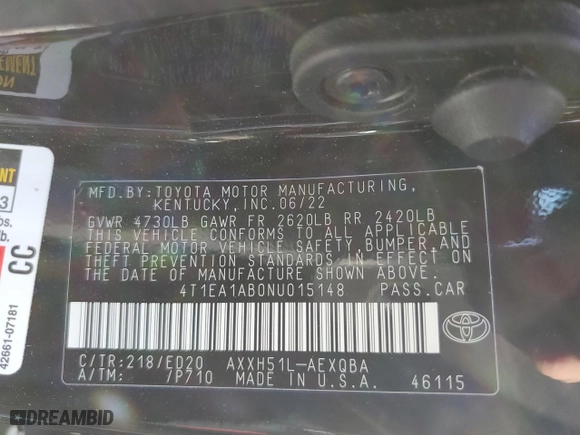 2022 Toyota Avalon Hybrid XSE Nightshade with VIN 4T1EA1AB0NU015148, listed as a Copart auction lot 78565384 with 37,887 mi miles and Non Repairable. Bid and sale history available at carsss.com. Image 12.