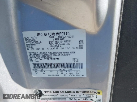 2014 Ford F-150 XL with VIN 1FTFW1CT5EKE30719, listed as a IAAI auction lot 42024407 with 215,004 mi miles and . Bid and sale history available at DreamBid. Image 9.