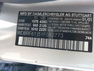 2001 Mercedes-Benz C 230/260/280/320 with VIN WDBRF61J51F082773, listed as a IAAI auction lot 41691845 with 36,771 mi miles and . Bid and sale history available at DreamBid. Image 9.