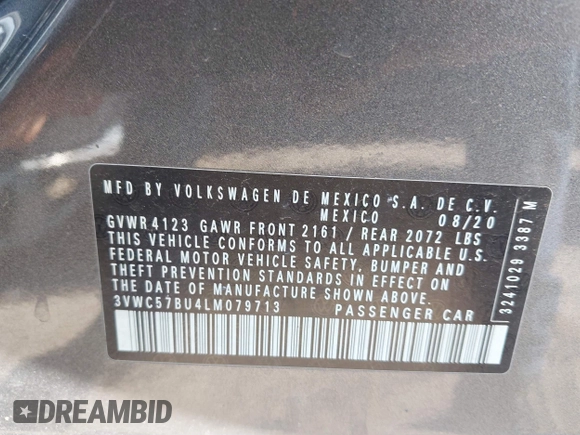 2020 Volkswagen Jetta S with VIN 3VWC57BU4LM079713, listed as a IAAI auction lot 42368406 with 50,130 mi miles and . Bid and sale history available at DreamBid. Image 9.