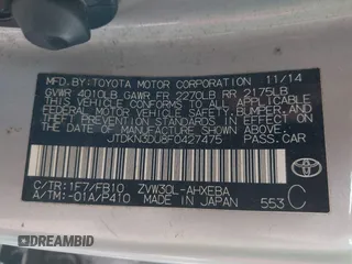 2015 Toyota Prius Four z VIN JTDKN3DU8F0427475, wystawiony jako IAAI lot #42338538 z przebiegiem 295 283 mil mil oraz . Historia ofert i sprzedaży dostępna na DreamBid. Obrazek 9.