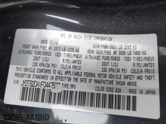 2015 Mazda CX-9 Grand Touring with VIN JM3TB2DAXF0447537, listed as a IAAI auction lot 41191694 with 157,113 mi miles. Bid and sale history available at carsss.com. Image 9.