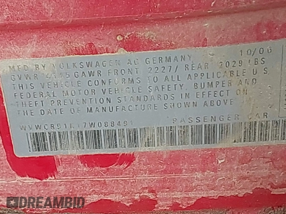 2007 Volkswagen Rabbit с VIN WVWCR91K17W088491, выставлен на аукционе IAAI как лот 40541341 с пробегом Не указан миль и . История ставок и продаж доступна на DreamBid. Изображение 9.
