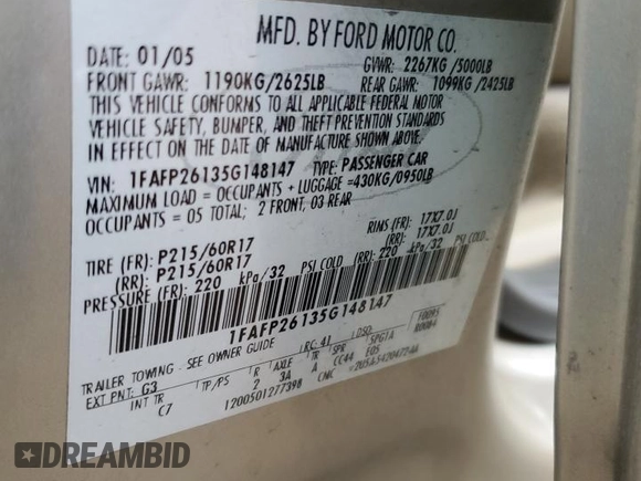 2005 Ford Five Hundred SE with VIN 1FAFP26135G148147, listed as a Copart auction lot 84011184 with 216,546 mi miles and Salvage Title. Bid and sale history available at carsss.com. Image 12.