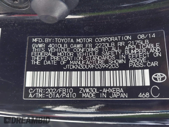 2015 Toyota Prius Four with VIN JTDKN3DU9F0399203, listed as a IAAI auction lot 42024626 with 108,249 mi miles and . Bid and sale history available at DreamBid. Image 9.