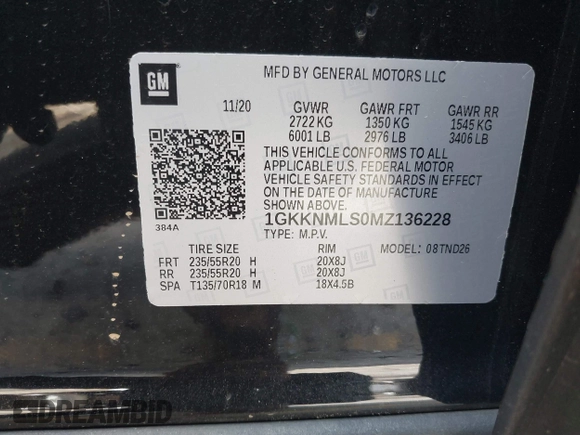 2021 GMC Acadia SLT with VIN 1GKKNMLS0MZ136228, listed as a IAAI auction lot 42445381 with 65,700 mi miles and . Bid and sale history available at DreamBid. Image 9.