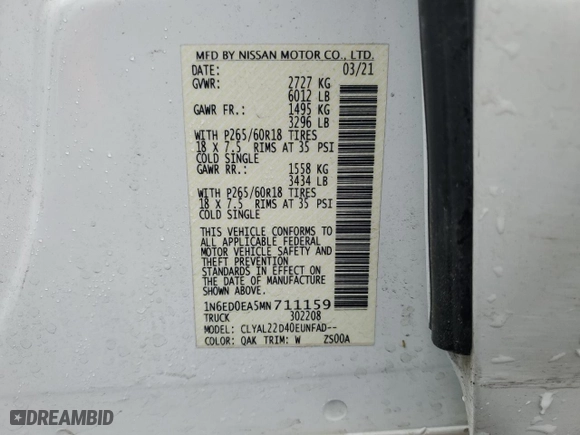 2021 Nissan Frontier SV with VIN 1N6ED0EA5MN711159, listed as a Copart auction lot 49141955 with 59,808 mi miles and Salvage Title. Bid and sale history available at carsss.com. Image 12.