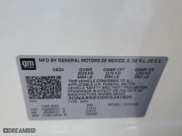 2024 Chevrolet Equinox LT with VIN 3GNAXKEG0RS247825, listed as a Copart auction lot 89364995 with 9,894 mi miles and Non Repairable. Bid and sale history available at carsss.com. Image 14.