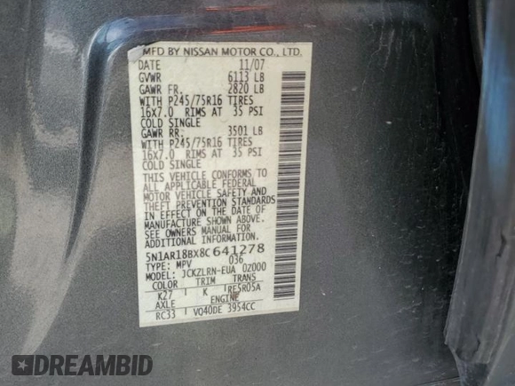 2008 Nissan Pathfinder S с VIN 5N1AR18BX8C641278, выставлен на аукционе Copart как лот 59339275 с пробегом 268 467 миль миль и Чистый • Clean title. История ставок и продаж доступна на DreamBid. Изображение 12.