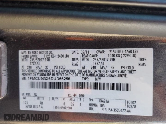 2013 Ford Escape SE with VIN 1FMCU9GX6DUD66256, listed as a Copart auction lot 55010785 with 158,729 mi miles and Clean Title. Bid and sale history available at carsss.com. Image 13.