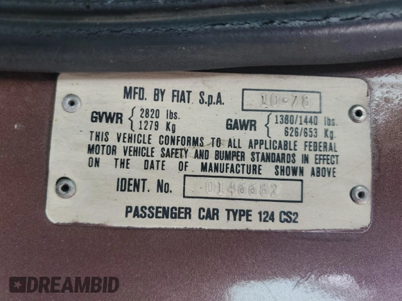 1979 FIAT 124 Spider z VIN 124CS20146682, wystawiony jako Copart lot #73923954 z przebiegiem 83 258 mil mil oraz Szkoda całkowita • Salvage title. Historia ofert i sprzedaży dostępna na DreamBid. Obrazek 12.