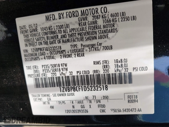 2013 Ford Mustang GT with VIN 1ZVBP8CF1D5232518, listed as a IAAI auction lot 42532816 with 170,412 mi miles and . Bid and sale history available at DreamBid. Image 9.