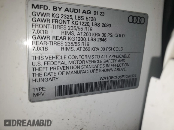 2023 Audi Q3 S line Premium z VIN WA1DECF36P1090324, wystawiony jako Copart lot #45025995 z przebiegiem 28 052 mil mil oraz Nie do naprawy. Historia ofert i sprzedaży dostępna na DreamBid. Obrazek 13.