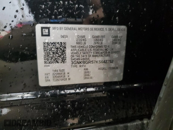 2019 Chevrolet Blazer with VIN 3GNKBGRS7KS642752, listed as a Copart auction lot 60169425 with 44,419 mi miles and Salvage title. Bid and sale history available at DreamBid. Image 13.