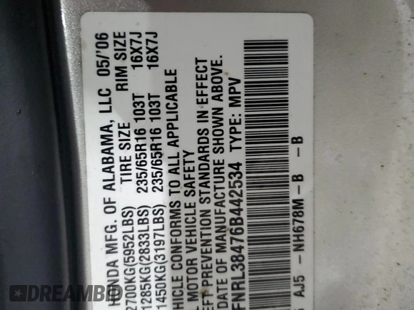 2006 Honda Odyssey EX with VIN 5FNRL38476B442534, listed as a Copart auction lot 44489865 with 0 mi miles and Salvage Title. Bid and sale history available at carsss.com. Image 13.