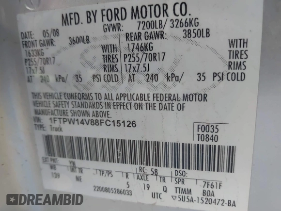 2008 Ford F-150 XLT with VIN 1FTPW14V88FC15126, listed as a IAAI auction lot 42647280 with 294,943 mi miles and . Bid and sale history available at DreamBid. Image 9.