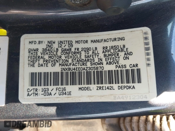 2010 Toyota Corolla with VIN 1NXBU4EE0AZ305870, listed as a IAAI auction lot 42228971 with 208,644 mi miles and . Bid and sale history available at DreamBid. Image 9.