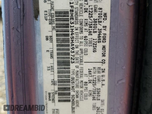 1995 Ford Econoline Cargo z VIN 1FBHE31H4SHA93723, wystawiony jako Copart lot #56571395 z przebiegiem 204 856 mil mil oraz Szkoda całkowita • Salvage title. Historia ofert i sprzedaży dostępna na DreamBid. Obrazek 13.