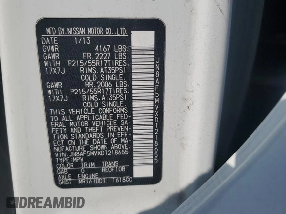 2013 Nissan Juke SV with VIN JN8AF5MVXDT218655, listed as a Copart auction lot 51017065 with 81,170 mi miles and Salvage Title. Bid and sale history available at carsss.com. Image 12.