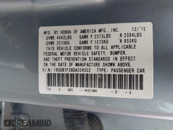 2016 Acura TLX with VIN 19UUB1F38GA004502, listed as a IAAI auction lot 42192259 with 75,979 mi miles and . Bid and sale history available at DreamBid. Image 9.
