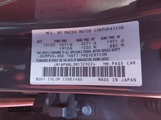 2021 Mazda 3 Select with VIN JM1BPBBL0M1329224, listed as a IAAI auction lot 41348699 with 12,338 mi miles and . Bid and sale history available at carsss.com. Image 9.