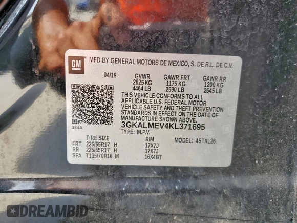 2019 GMC Terrain SLE with VIN 3GKALMEV4KL371695, listed as a Copart auction lot 63413825 with 75,437 mi miles and Salvage title. Bid and sale history available at DreamBid. Image 14.