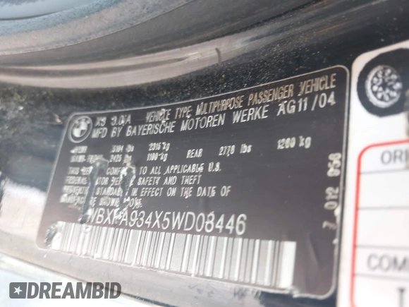 2005 BMW X3 3.0i with VIN WBXPA934X5WD08446, listed as a IAAI auction lot 42122093 with 213,265 mi miles and . Bid and sale history available at DreamBid. Image 9.