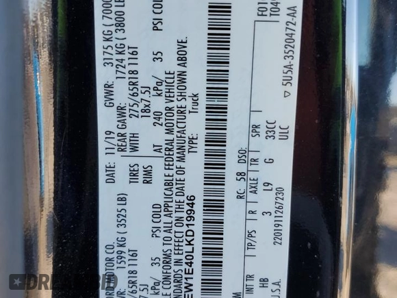 2020 Ford F-150 XL with VIN 1FTEW1E40LKD19946, listed as a Copart auction lot 88269985 with 137,622 mi miles and Salvage title. Bid and sale history available at DreamBid. Image 12.