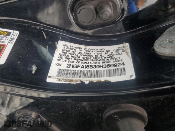 2009 Honda Civic LX z VIN 2HGFA16539H360924, wystawiony jako Copart lot #59685735 z przebiegiem 202 918 mil mil oraz Szkoda całkowita • Salvage title. Historia ofert i sprzedaży dostępna na DreamBid. Obrazek 13.