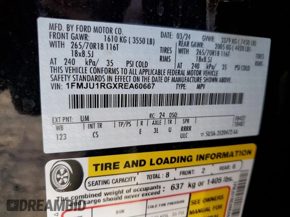 2024 Ford Expedition Timberline с VIN 1FMJU1RGXREA60667, выставлен на аукционе Copart как лот 89110905 с пробегом 4 895 миль миль и Списание • Salvage title. История ставок и продаж доступна на DreamBid. Изображение 13.