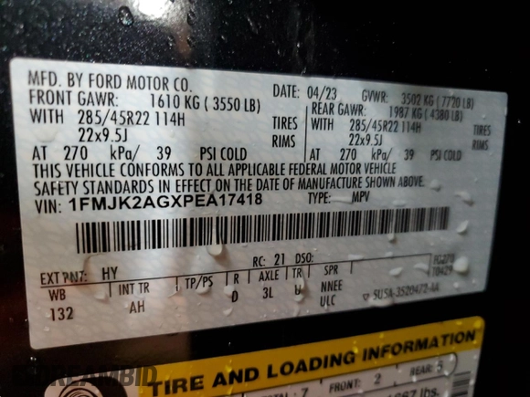 2023 Ford Expedition Max Limited with VIN 1FMJK2AGXPEA17418, listed as a Copart auction lot 52698555 with 20,310 mi miles and Salvage title. Bid and sale history available at DreamBid. Image 16.