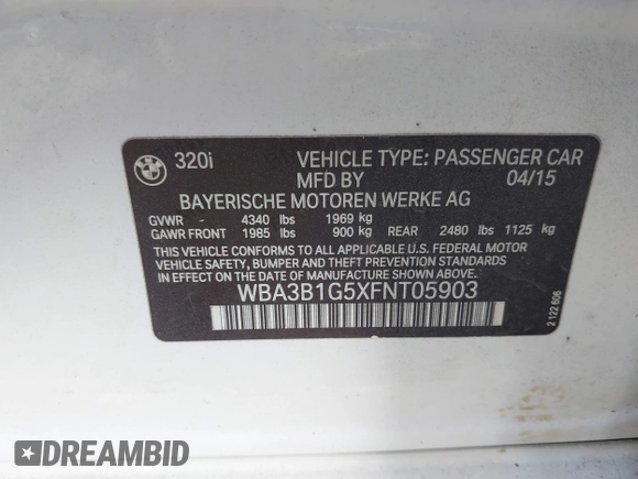 2015 BMW 3 Series 320i with VIN WBA3B1G5XFNT05903, listed as a IAAI auction lot 42063574 with Not Provided miles. Bid and sale history available at carsss.com. Image 9.