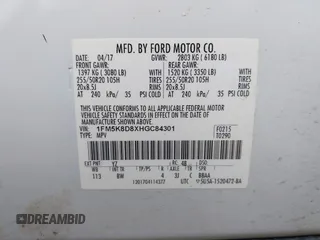 2017 Ford Explorer XLT z VIN 1FM5K8D8XHGC84301, wystawiony jako IAAI lot #42270431 z przebiegiem Nie podano mil oraz . Historia ofert i sprzedaży dostępna na DreamBid. Obrazek 9.