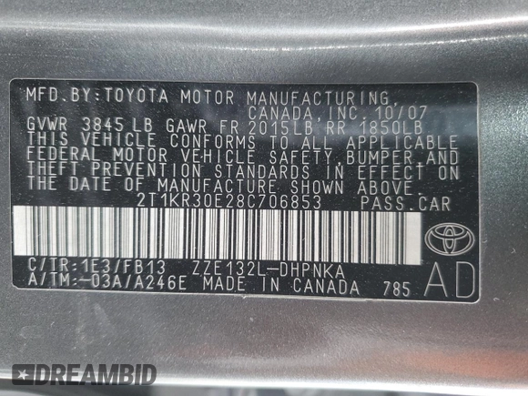 2008 Toyota Matrix STD with VIN 2T1KR30E28C706853, listed as a Copart auction lot 50926795 with 209,598 mi miles and Salvage Title. Bid and sale history available at DreamBid. Image 15.