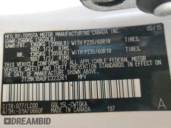 2015 Lexus RX 350 with VIN 2T2BK1BA0FC323361, listed as a Copart auction lot 51182555 with 81,789 mi miles and Salvage Title. Bid and sale history available at DreamBid. Image 14.