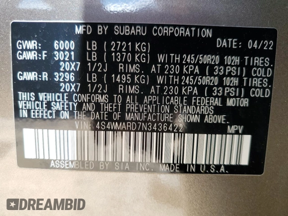 2022 Subaru Ascent Touring with VIN 4S4WMARD7N3436422, listed as a Copart auction lot 55336895 with 39,630 mi miles and Non repairable. Bid and sale history available at DreamBid. Image 14.