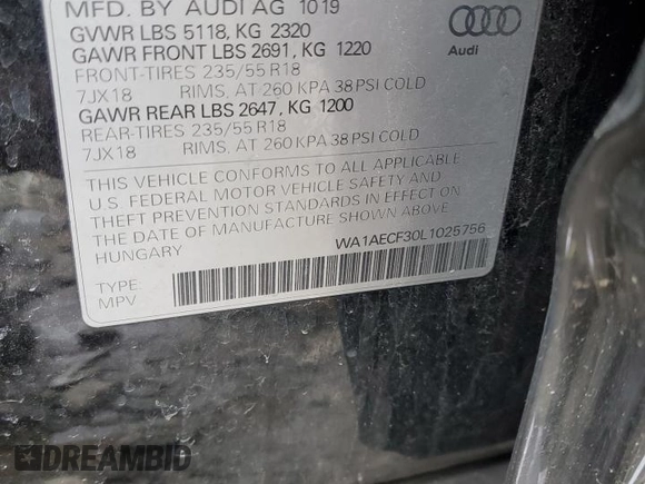 2020 Audi Q3 Premium with VIN WA1AECF30L1025756, listed as a Copart auction lot 50295125 with 77,389 mi miles and Salvage title. Bid and sale history available at DreamBid. Image 14.