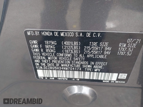 2022 Honda HR-V LX with VIN 3CZRU5H34NM704174, listed as a IAAI auction lot 42097058 with 57,198 mi miles and . Bid and sale history available at DreamBid. Image 9.