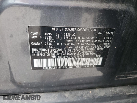 2018 Subaru Outback Premium with VIN 4S4BSACC4J3348765, listed as a Copart auction lot 60743655 with 89,694 mi miles and Salvage title. Bid and sale history available at DreamBid. Image 12.