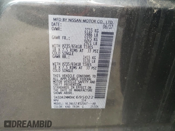 2017 Nissan Pathfinder SV with VIN 5N1DR2MM0HC695022, listed as a Copart auction lot 57045895 with 114,739 mi miles and Salvage title. Bid and sale history available at DreamBid. Image 14.