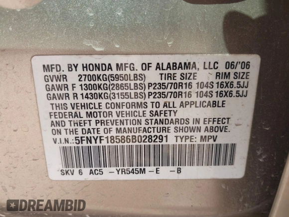 2006 Honda Pilot EX-L with VIN 5FNYF18586B028291, listed as a IAAI auction lot 42040904 with 217,038 mi miles and . Bid and sale history available at carsss.com. Image 9.