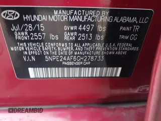 2016 Hyundai Sonata 2.4L with VIN 5NPE24AF6GH278733, listed as a IAAI auction lot 42034408 with 161,532 mi miles and . Bid and sale history available at carsss.com. Image 9.