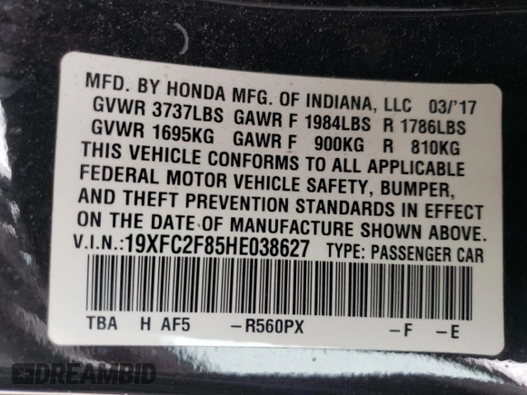 2017 Honda Civic EX with VIN 19XFC2F85HE038627, listed as a Copart auction lot 52527175 with 87,515 mi miles and Salvage Title. Bid and sale history available at DreamBid. Image 15.