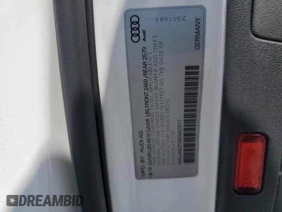 2019 Audi A5 Sportback Premium with VIN WAUANCF58KA063917, listed as a Copart auction lot 54662925 with 120,545 mi miles and Salvage title. Bid and sale history available at DreamBid. Image 12.