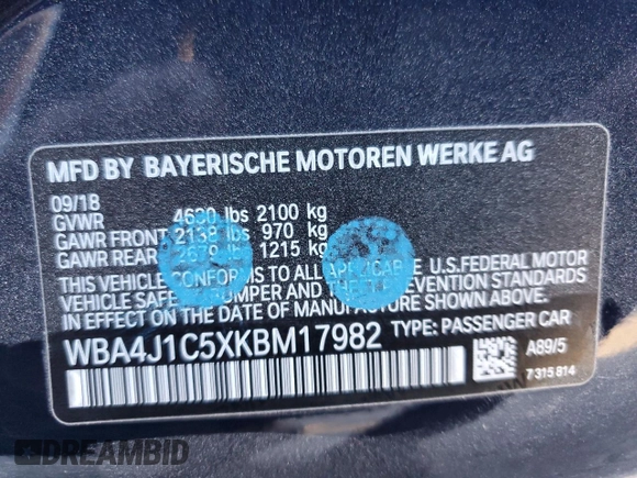 2019 BMW 4 Series 430i with VIN WBA4J1C5XKBM17982, listed as a Copart auction lot 85517924 with 26,618 mi miles and Salvage Title. Bid and sale history available at DreamBid. Image 13.