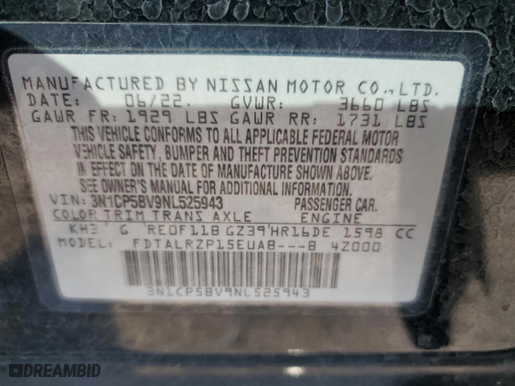 2022 Nissan Kicks S with VIN 3N1CP5BV9NL525943, listed as a Copart auction lot 65404094 with 56,113 mi miles and Salvage Title. Bid and sale history available at carsss.com. Image 13.