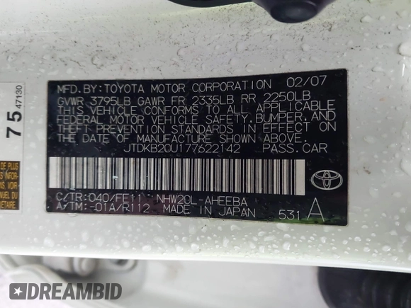 2007 Toyota Prius z VIN JTDKB20U177622142, wystawiony jako IAAI lot #41720920 z przebiegiem 140 665 mil mil oraz . Historia ofert i sprzedaży dostępna na DreamBid. Obrazek 9.